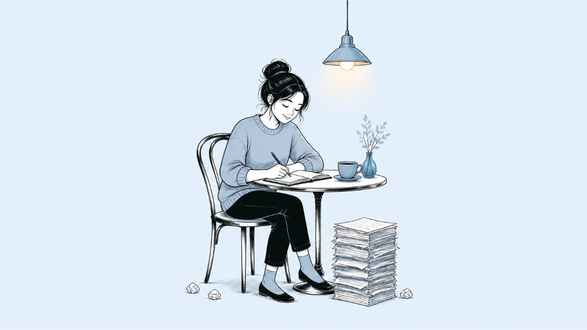 Illustration of an author writing in a notebook at a café table beside a stack of manuscript pages
