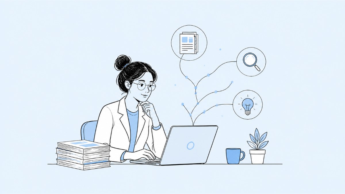 Illustration of a researcher at a laptop, with lines linking icons for documents, search and ideas